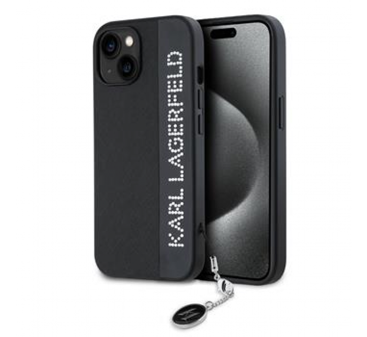 Karl Lagerfeld PU Saffiano Rhinestone Charm Zadní Kryt pro iPhone 15 Black