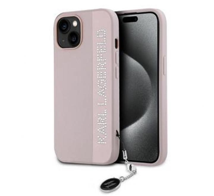 Karl Lagerfeld PU Saffiano Rhinestone Charm Zadní Kryt pro iPhone 15 Pink