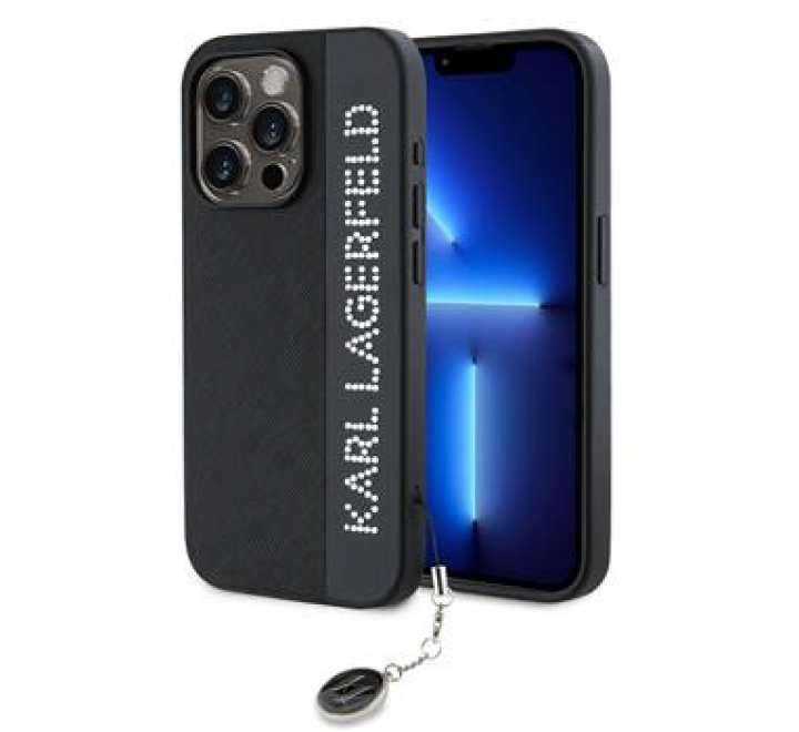 Karl Lagerfeld PU Saffiano Rhinestone Charm Zadní Kryt pro iPhone 15 Pro Black