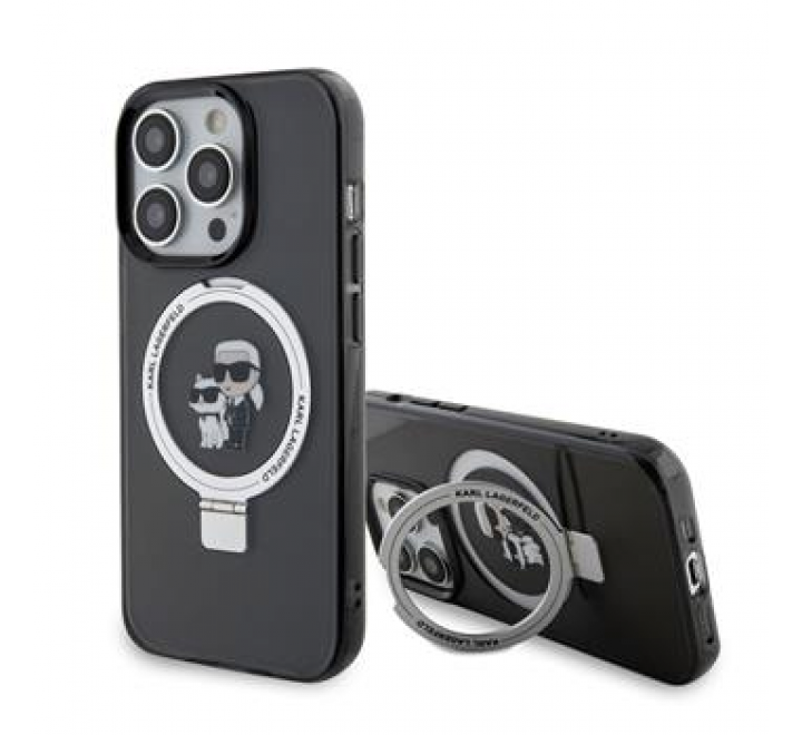 Karl Lagerfeld Ringstand Karl and Choupette MagSafe Zadní Kryt pro iPhone 15 Pro Max Black