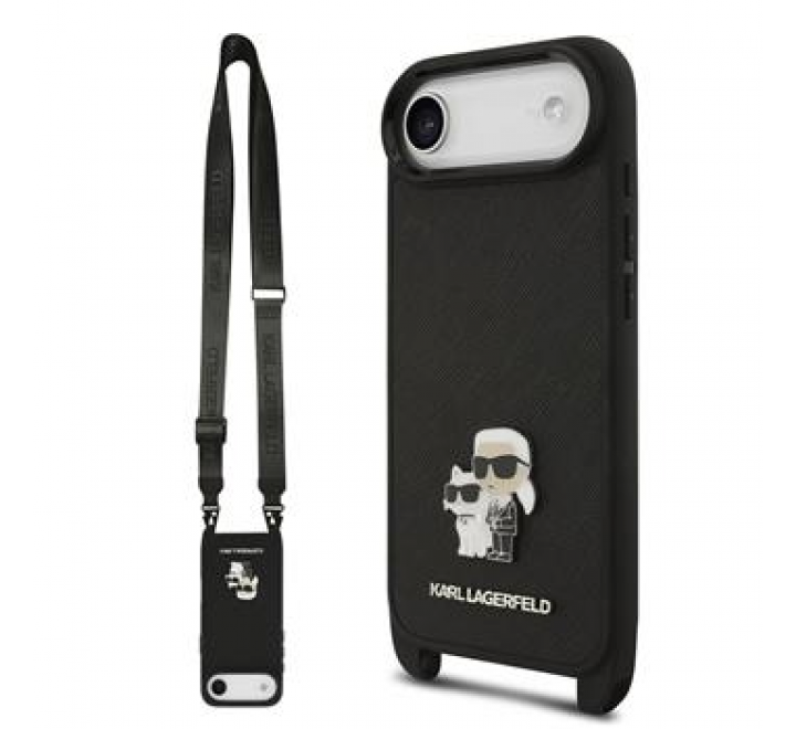 Karl Lagerfeld Saffiano Crossbody Popruh Metal Karl and Choupette Zadní Kryt pro iPhone 17 Air Black