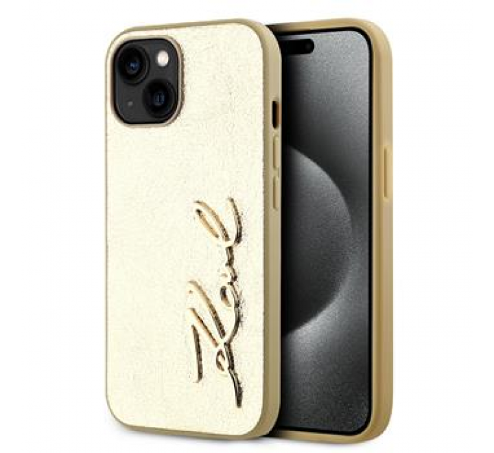 Karl Lagerfeld Wrinkled PU Signature Logo Zadní Kryt pro iPhone 15 Gold