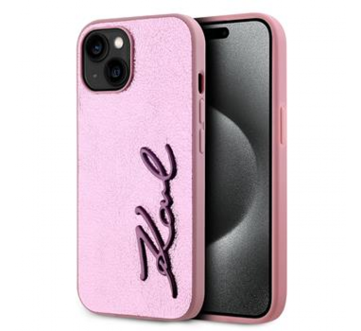 Karl Lagerfeld Wrinkled PU Signature Logo Zadní Kryt pro iPhone 15 Pink