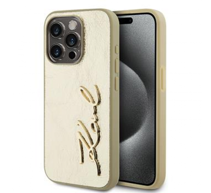 Karl Lagerfeld Wrinkled PU Signature Logo Zadní Kryt pro iPhone 15 Pro Gold
