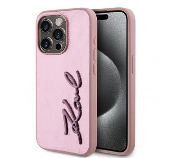Karl Lagerfeld Wrinkled PU Signature Logo Zadní Kryt pro iPhone 15 Pro Max Pink