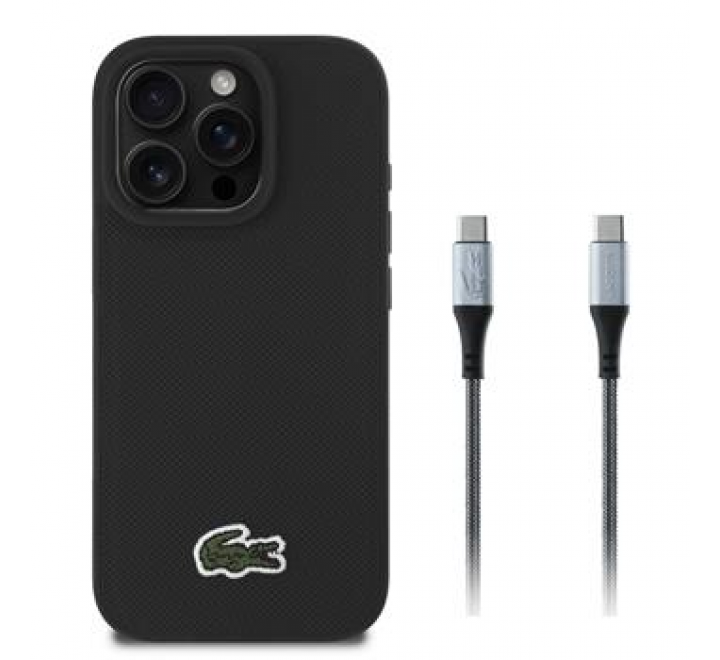 Lacoste Iconic Petit Pique Woven Logo MagSafe Zadní Kryt pro iPhone 16 Pro Black + USB-C/USB-C Datový Kabel 