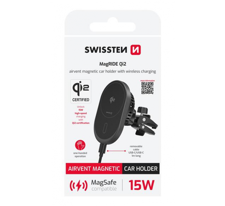 MAGNETICKÝ DRŽÁK DO VENTILACE AUTA SWISSTEN MagRide S BEZDRÁTOVÝM NABÍJENÍM Qi2 15W (kompatibilní s MagSafe)