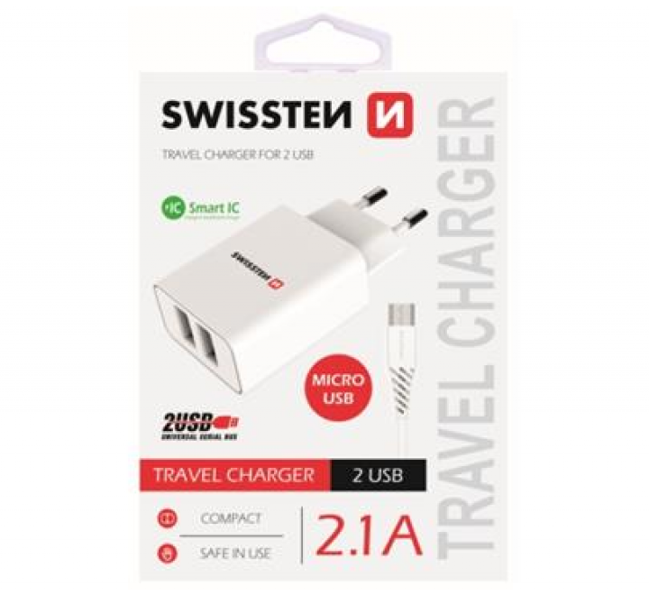 Nabíječ cestovní SWISSTEN 2x USB, IC, 2.1A + microUSB kabel, bílá