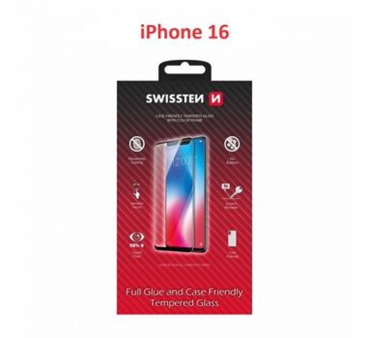 SKLO SWISSTEN FULL GLUE, COLOR FRAME, CASE FRIENDLY PRO APPLE IPHONE 16 ČERNÉ