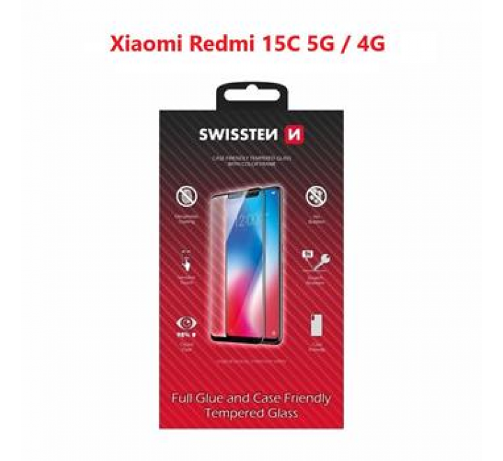 SKLO SWISSTEN FULL GLUE, COLOR FRAME, CASE FRIENDLY PRO XIAOMI REDMI 15C 5G / 4G ČERNÉ