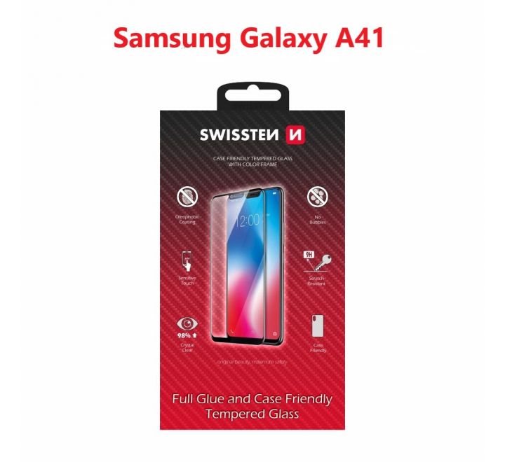 SKLO SWISSTEN FULL GLUE, COLOR FRAME, CASE FRIENDLY SAMSUNG GALAXY A41 ČERNÉ