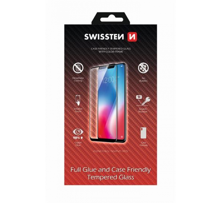 SKLO SWISSTEN FULL GLUE, COLOR FRAME, CASE FRIENDLY  XIAOMI REDMI 7 ČERNÉ