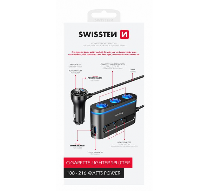 SWISSTEN 3 USB Car charger with 3 car cigarette lighter socket 