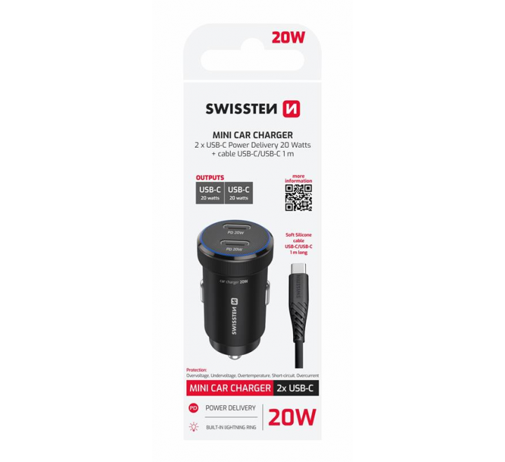 SWISSTEN CL ADAPTÉR 2x USB-C PD, 20W ČERNÝ + KABEL USB-C / USB-C, 1 M