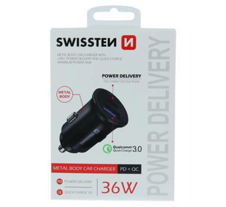 SWISSTEN CL ADAPTÉR POWER DELIVERY USB-C + QUICK CHARGE 3.0 36W METAL ČERNÝ