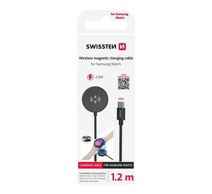 SWISSTEN MAGNETICKÝ KABEL PRO SAMSUNG GALAXY WATCH, USB-C 1.2 M ČERNÝ