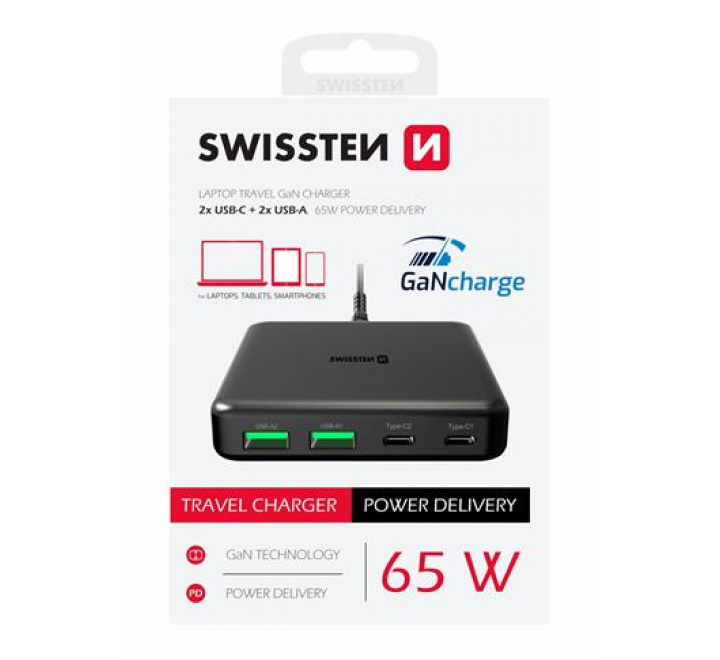SWISSTEN MINI DESKTOP ADAPTÉR GaN 2x USB-C + 2xUSB 65W POWER DELIVERY ČERNÝ