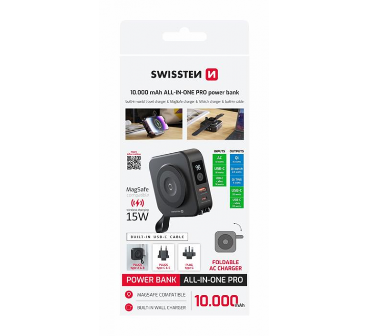SWISSTEN  POWER BANK ALL-IN-ONE PRO S VÝMĚNNÝMI VIDLICEMI (USA, EU, UK) 10000 mAh 20W ČERNÁ