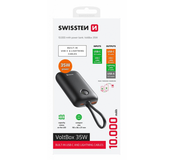 SWISSTEN POWER BANK VOLTBOX 35W 10000 mAh S INTEGROVANÝMI KABELY USB-C A LIGHTNING ČERNÁ