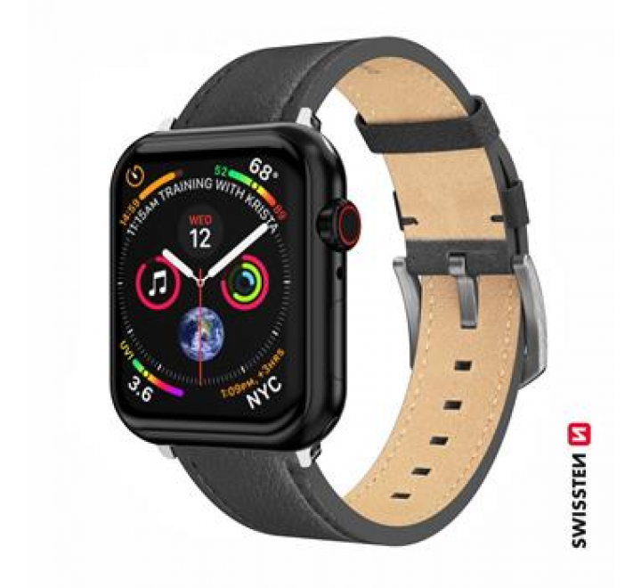 SWISSTEN ŘEMÍNEK PRO APPLE WATCH KOŽENÝ 42 / 44 / 45 / 49 mm ČERNÝ (stříbrná spona a stříbrné poutko)