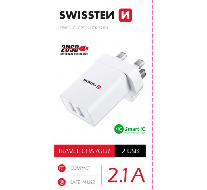 SWISSTEN SÍŤOVÝ ADAPTÉR 2x USB 10,5W pro UK zásuvku BÍLÝ
