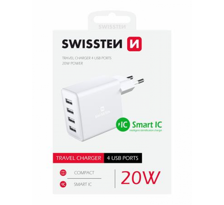 SWISSTEN SÍŤOVÝ ADAPTÉR 4x USB 4A 20W BÍLÝ