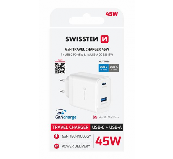 SWISSTEN SÍŤOVÝ ADAPTÉR CORE GaN 1x USB-C 45W PD + 1x USB-A 18W QC BÍLÝ