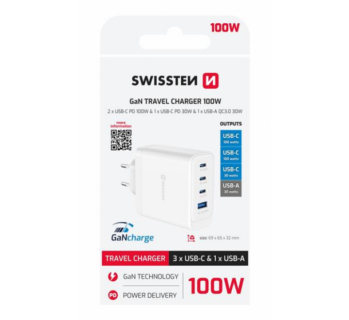 SWISSTEN SÍŤOVÝ ADAPTÉR CORE GaN 2x USB-C PD 100W + 1x USB-C PD 20W + 1x USB-A QC 30W QC BÍLÝ