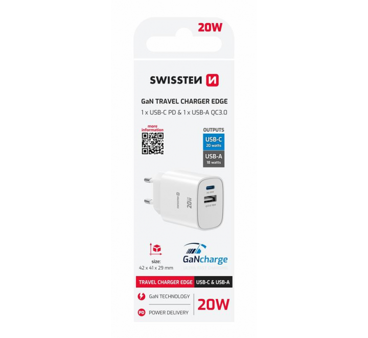 SWISSTEN SÍŤOVÝ ADAPTÉR EDGE GaN 1x USB-C PD 20W + 1x USB-A 18W QC BÍLÝ