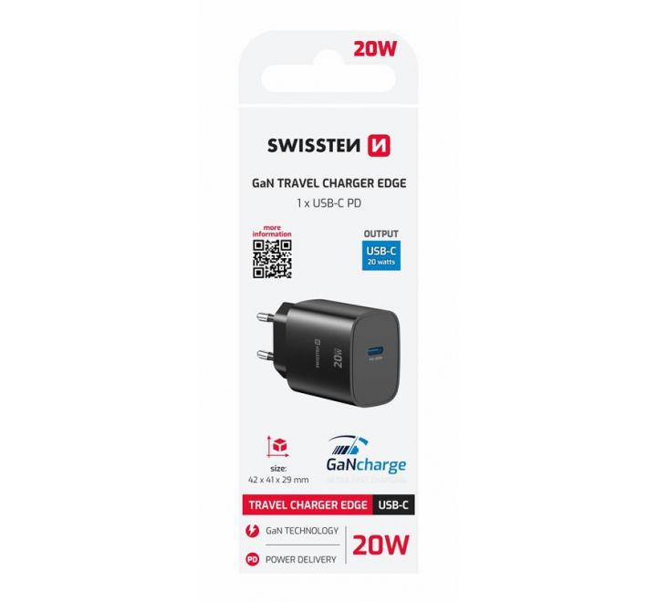 SWISSTEN SÍŤOVÝ ADAPTÉR EDGE GaN 1x USB-C PD 20W ČERNÝ
