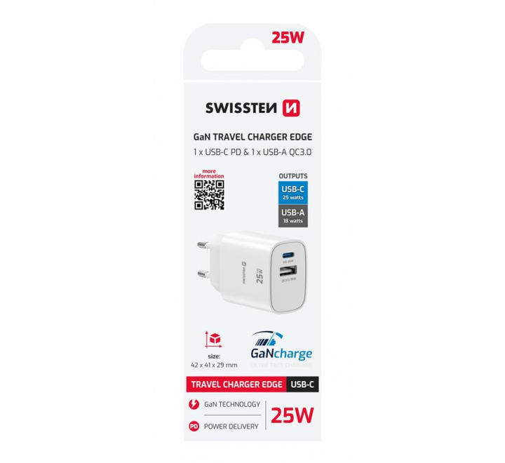 SWISSTEN SÍŤOVÝ ADAPTÉR EDGE GaN 1x USB-C PD 25W + 1x USB-A 18W QC BÍLÝ