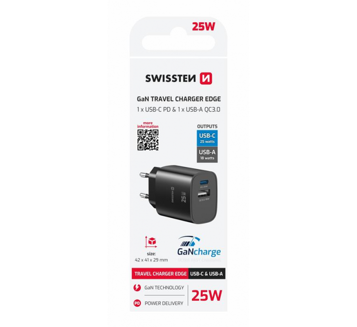 SWISSTEN SÍŤOVÝ ADAPTÉR EDGE GaN 1x USB-C PD 25W + 1x USB-A 18W QC ČERNÝ