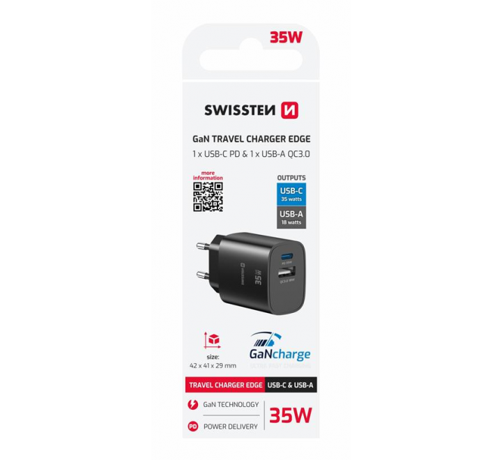 SWISSTEN SÍŤOVÝ ADAPTÉR EDGE GaN 1x USB-C PD 35W + 1x USB-A 18W QC ČERNÝ