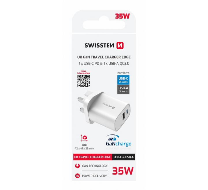 SWISSTEN SÍŤOVÝ ADAPTÉR EDGE GaN 1x USB-C PD 35W + 1x USB-A 18W QC, PRO UK ZÁSUVKU BÍLÝ