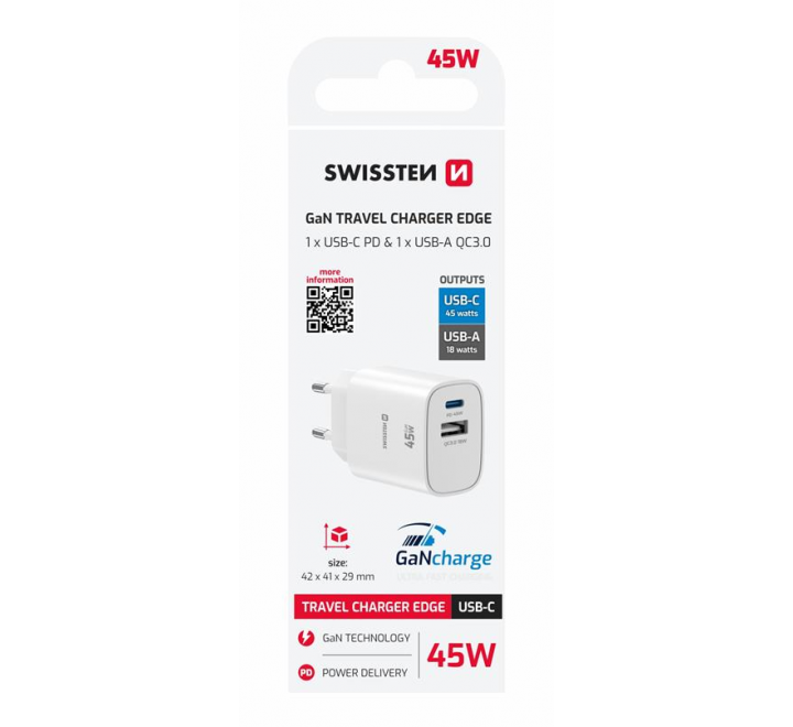 SWISSTEN SÍŤOVÝ ADAPTÉR EDGE GaN 1x USB-C PD 45W + 1x USB-A 18W QC BÍLÝ