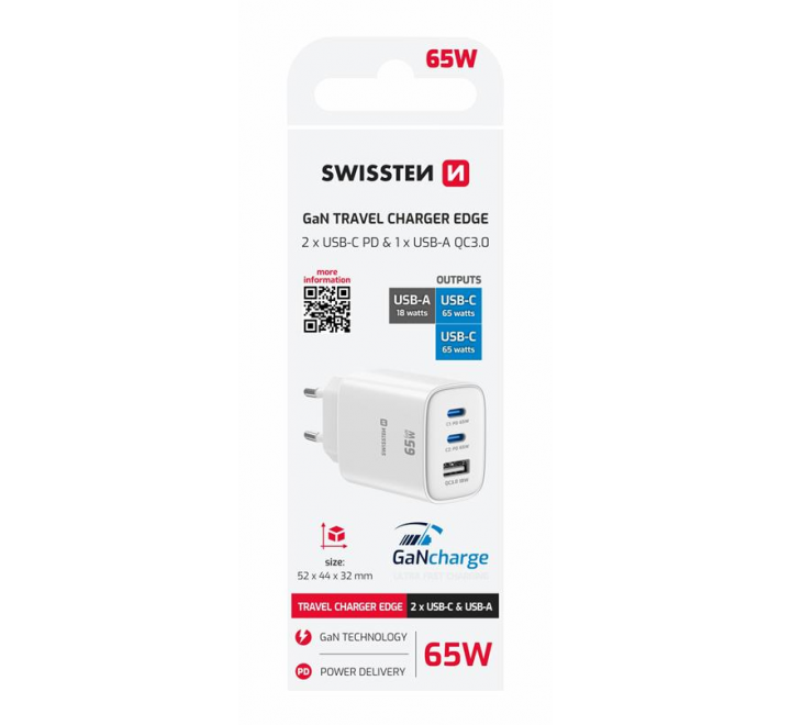 SWISSTEN SÍŤOVÝ ADAPTÉR EDGE GaN 2x USB-C PD 65W + 1x USB-A 18W QC BÍLÝ