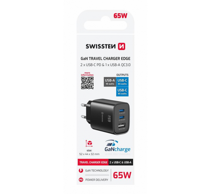 SWISSTEN SÍŤOVÝ ADAPTÉR EDGE GaN 2x USB-C PD 65W + 1x USB-A 18W QC ČERNÝ