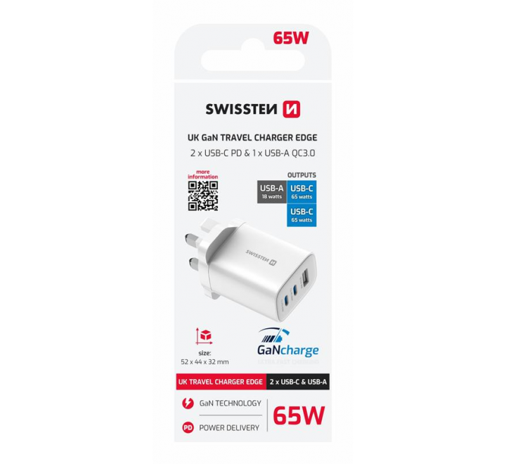 SWISSTEN SÍŤOVÝ ADAPTÉR EDGE GaN 2x USB-C PD 65W + 1x USB-A 18W QC, PRO UK ZÁSUVKU BÍLÝ
