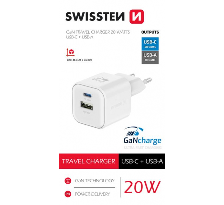 SWISSTEN SÍŤOVÝ ADAPTÉR GaN 1x USB-C 20W PD A 1x USB-A 18W QC BÍLÝ
