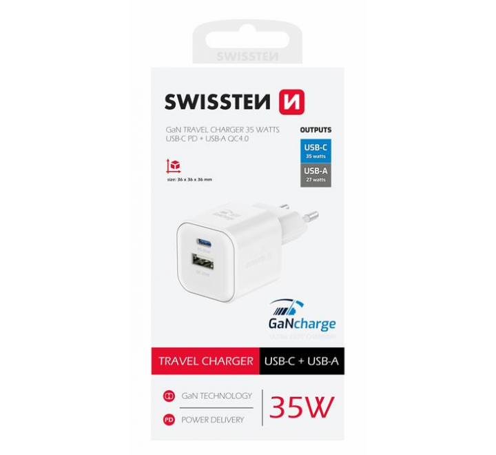 SWISSTEN SÍŤOVÝ ADAPTÉR GaN 1x USB-C 35W PD + 1x USB-A 27W QC BÍLÝ