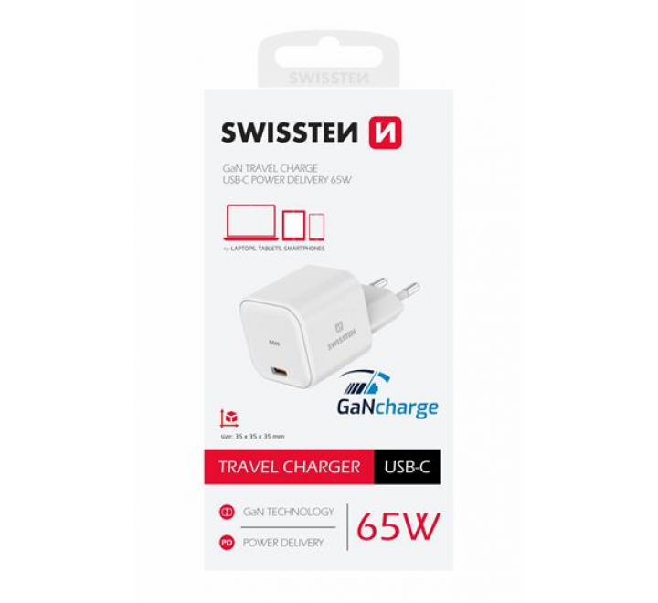 SWISSTEN SÍŤOVÝ ADAPTÉR GaN 1x USB-C 65W POWER DELIVERY BÍLÝ