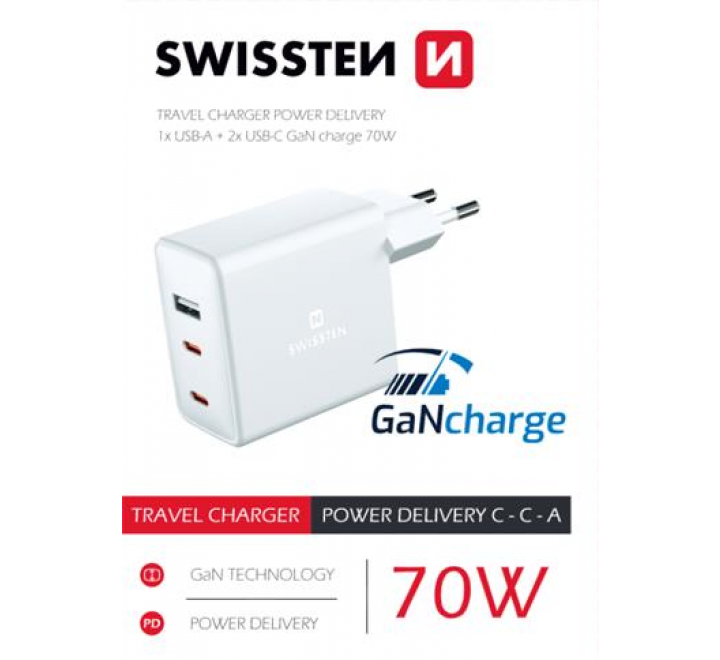 SWISSTEN SÍTOVÝ ADAPTÉR GaN 2x USB-C + 1xUSB 70W