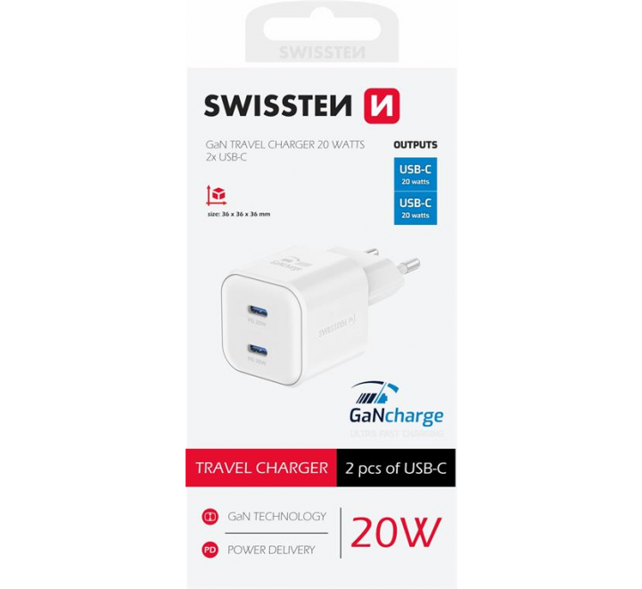 SWISSTEN SÍŤOVÝ ADAPTÉR GaN 2x USB-C 20W POWER DELIVERY BÍLÝ