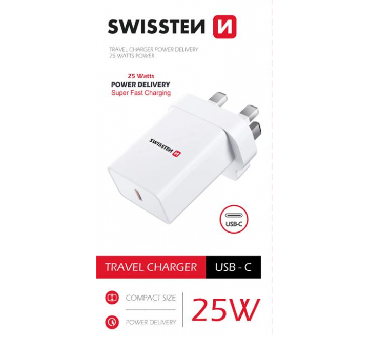 SWISSTEN SÍŤOVÝ ADAPTÉR PD 25W PRO IPHONE A SAMSUNG pro UK zásuvku BÍLÝ