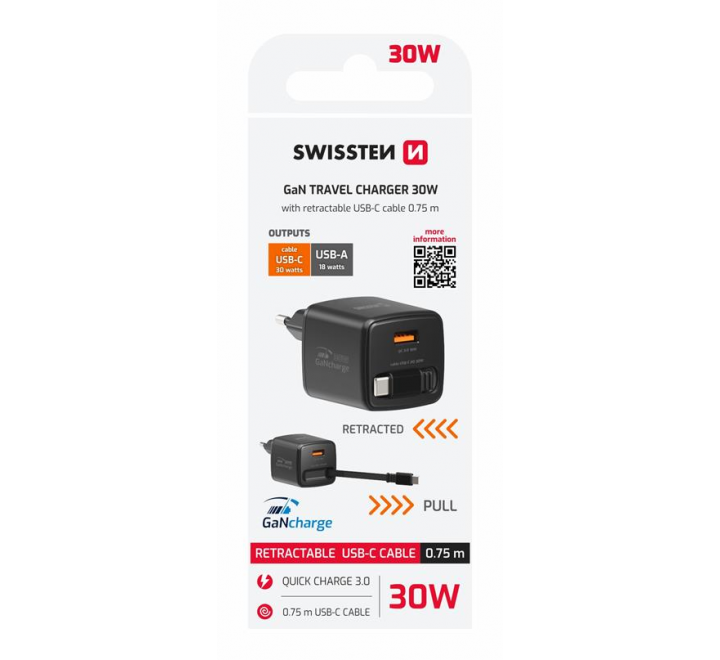 SWISSTEN SÍŤOVÝ ADAPTÉR SlideCHARGE GaN 30W, 1x USB-A 18W SE ZATAHOVACÍM USB-C KABELEM 0.75 M ČERNÝ