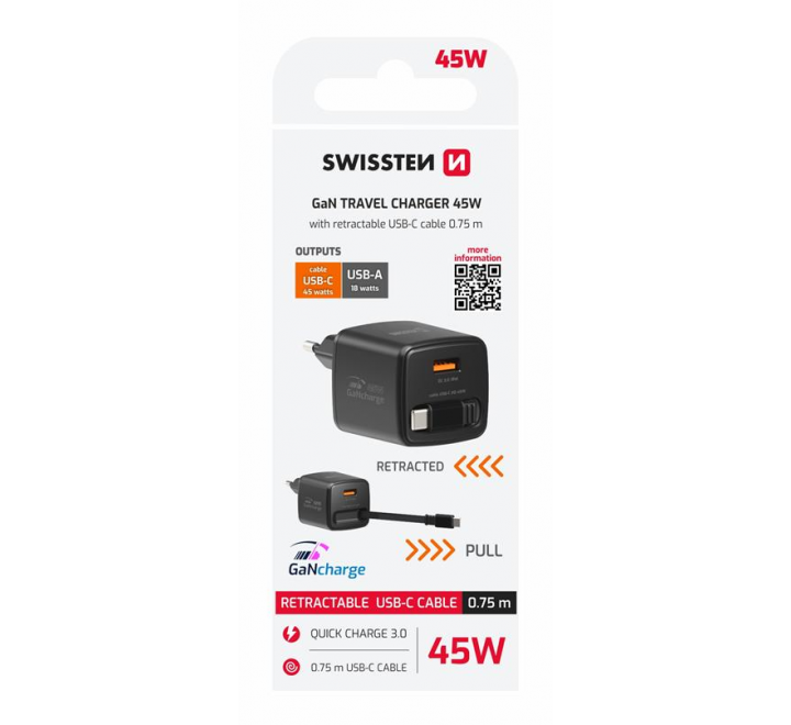 SWISSTEN SÍŤOVÝ ADAPTÉR SlideCHARGE GaN 45W, 1x USB-A 18W SE ZATAHOVACÍM USB-C KABELEM 0.75 M ČERNÝ