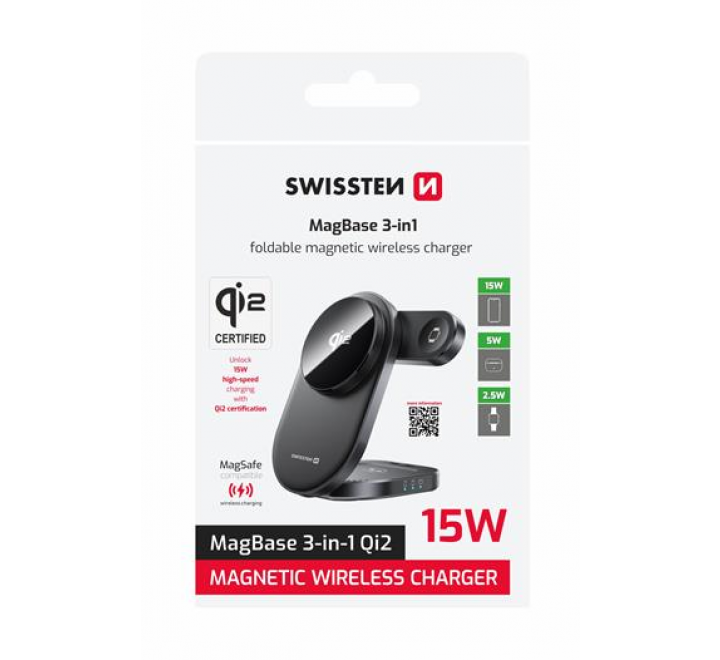 SWISSTEN SKLÁDACÍ BEZDRÁTOVÁ Qi2 NABÍJEČKA MagBase 3v1 ČERNÁ (kompatibilní s MagSafe)